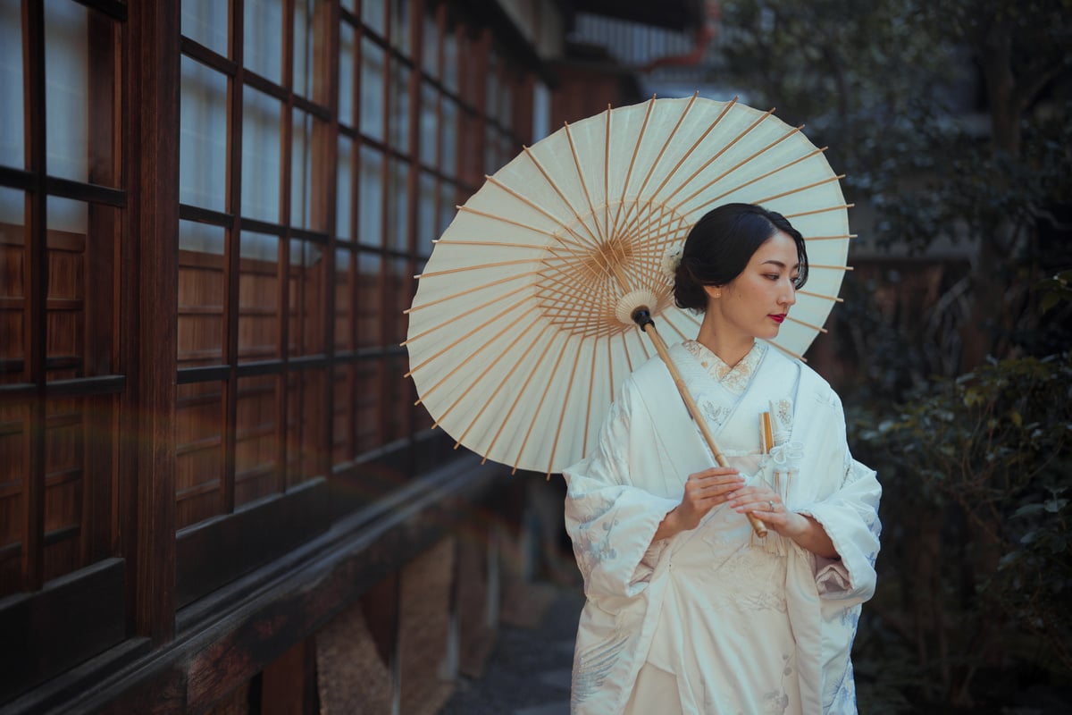 Japanese Woman in Wedding Kimono Holding Wagasa